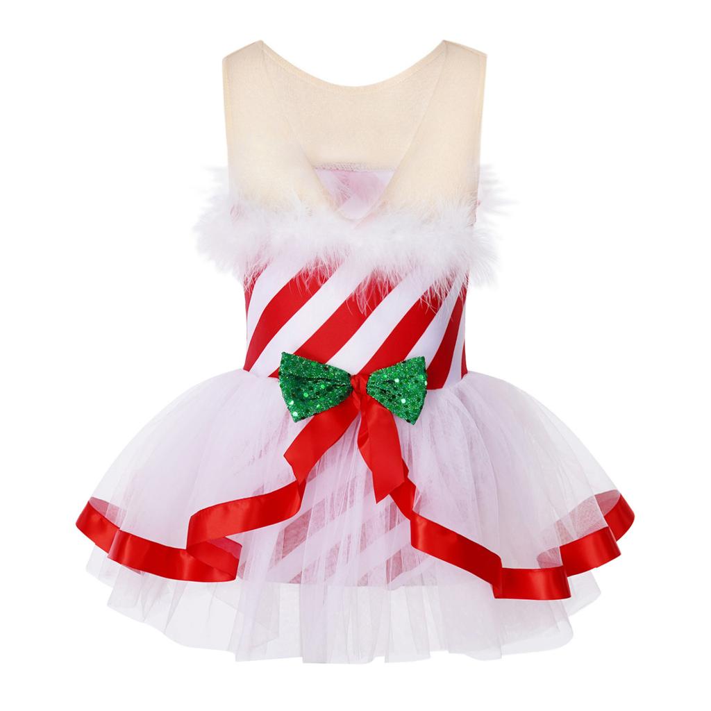 Kids Girls Sleeveless Striped Christmas Party Costume Figure Ice Skating Ballet Dance Leotard Tutu Dress