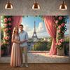 Romantic Rose Banner Balcony Scene Paris Landscape Backdrop Floral Decor Banner Green Vine Eiffel Tower Backdrop For Wedding