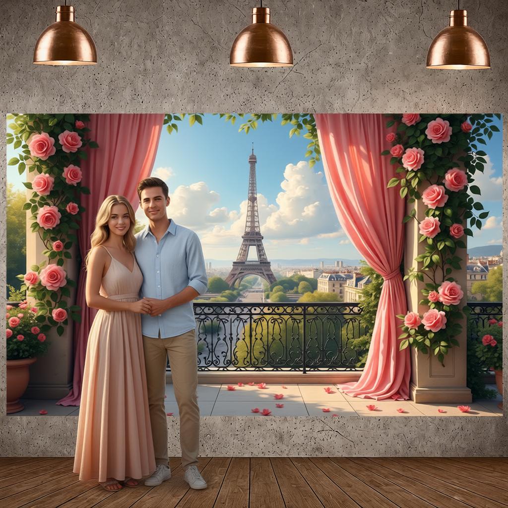 Romantic Rose Banner Balcony Scene Paris Landscape Backdrop Floral Decor Banner Green Vine Eiffel Tower Backdrop For Wedding