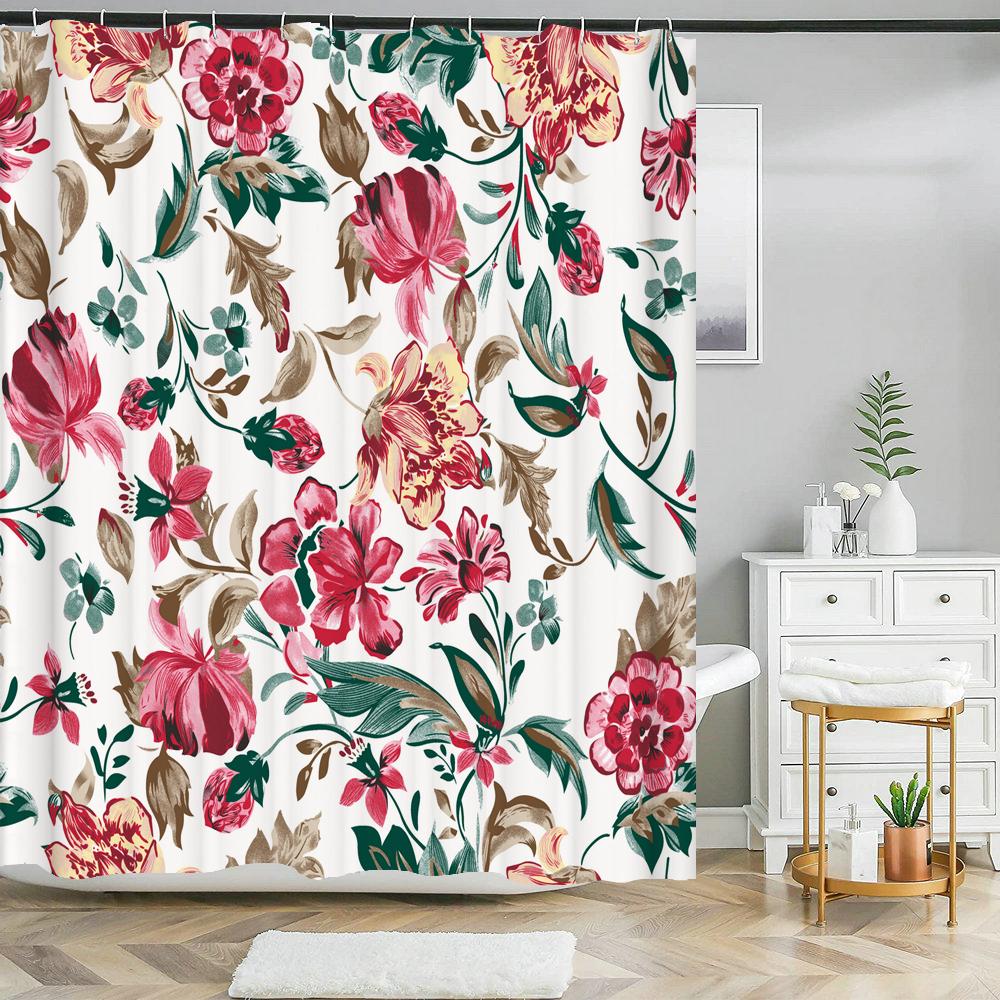 Beautiful Big Pink Flowers Printing Shower Curtain Polyester Waterproof Bathroom Curtain With Hook Door Curtain Home Decoration