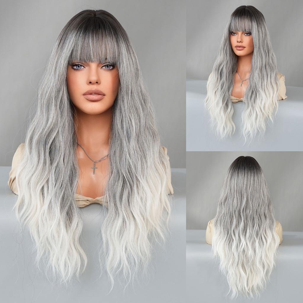 New Ladies Wig Simulation Wig 65cm Hair Gray Wig Big Wave Wig Full Headgear Rose Hair Net Headdress Beauty Decoration Wig