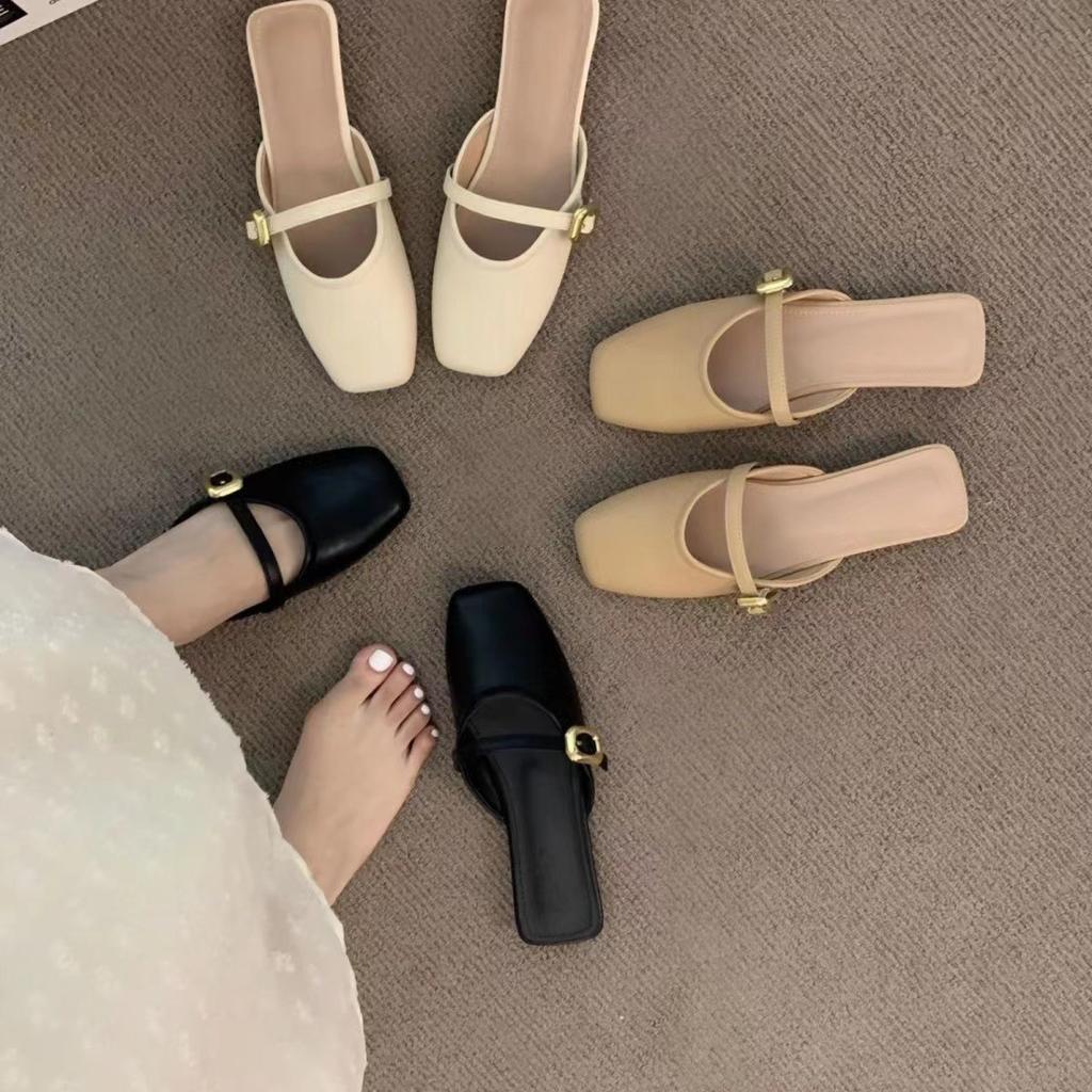 2025 Summer New Women's French Chic Closed Toe Half Slippers Versatile Casual Flat Bottom Shallow Mouth Footwear