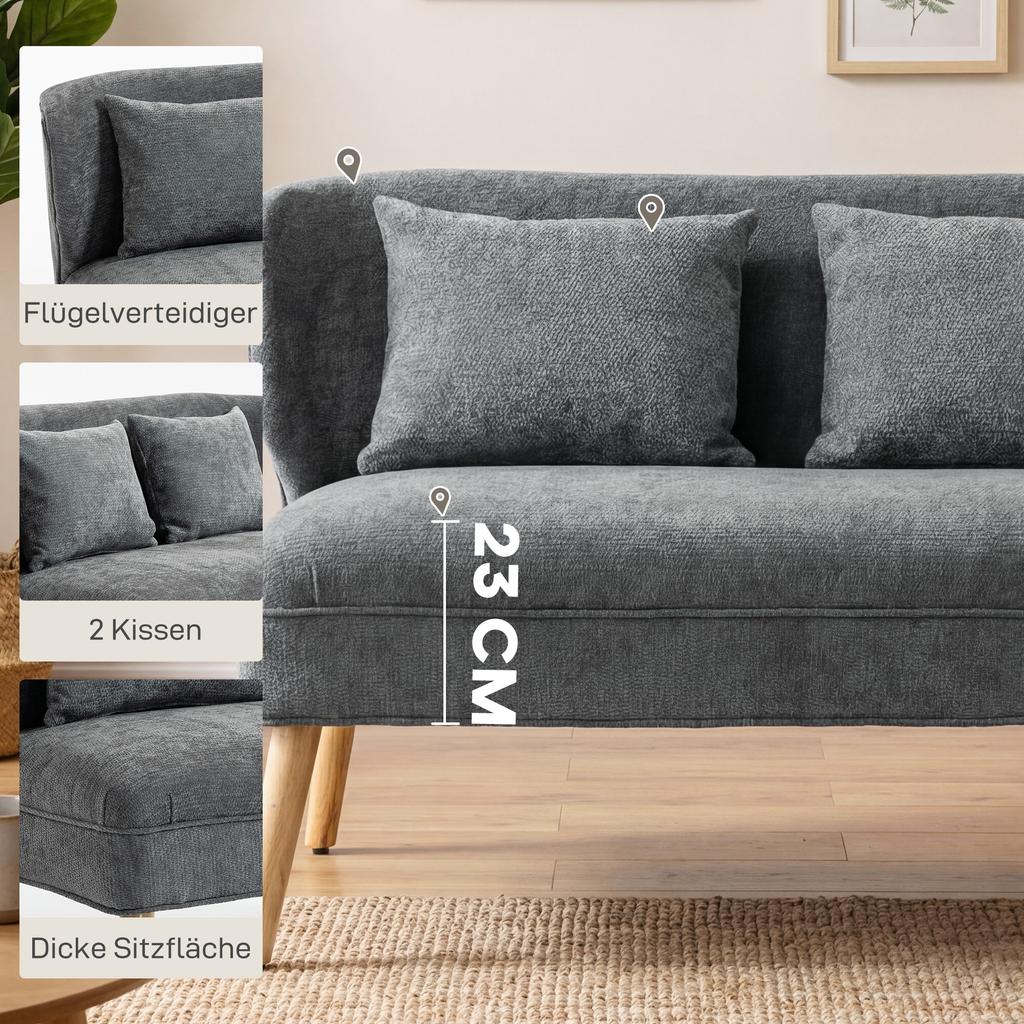 2-Seater Sofa, Small Chenille Sofa with Wingback, Thick Seat, Rubberwood Legs, Grey