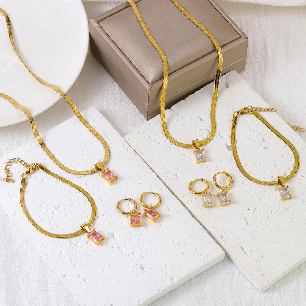 Crystal Zirconia Square Diamond Necklace, Bracelet & Earrings Set in Women's Titanium Steel Clavicle Chain Jewelry