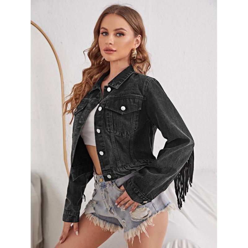 2026 European & American Women's Wide-Brim Denim Jacket with Deformed Tassels - Long Sleeve