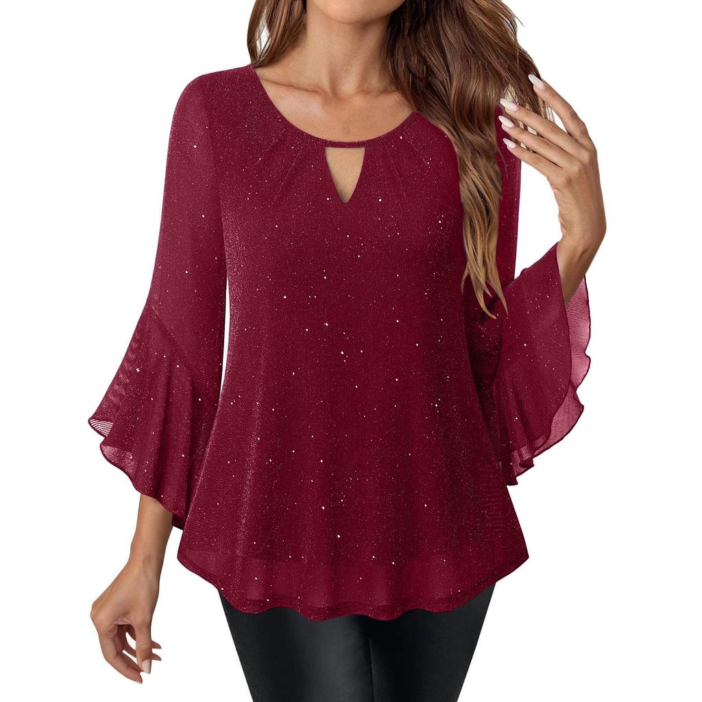 Women's Elegant Ruffled Shiny Stamped Seven-Sleeve Double Layer Mesh Top