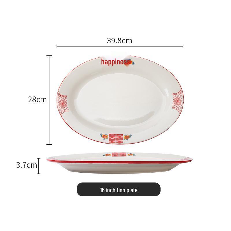 Set di Piatto Rotondo Rosso Ceramica Retrò Doppia Felicità - Piatto Basso, Piatto Piatto, Piatto per Hot Pot, Piatto per Carne, Piatto per Salsa e Piatto per Pesce per Tavola da Ristorante.
