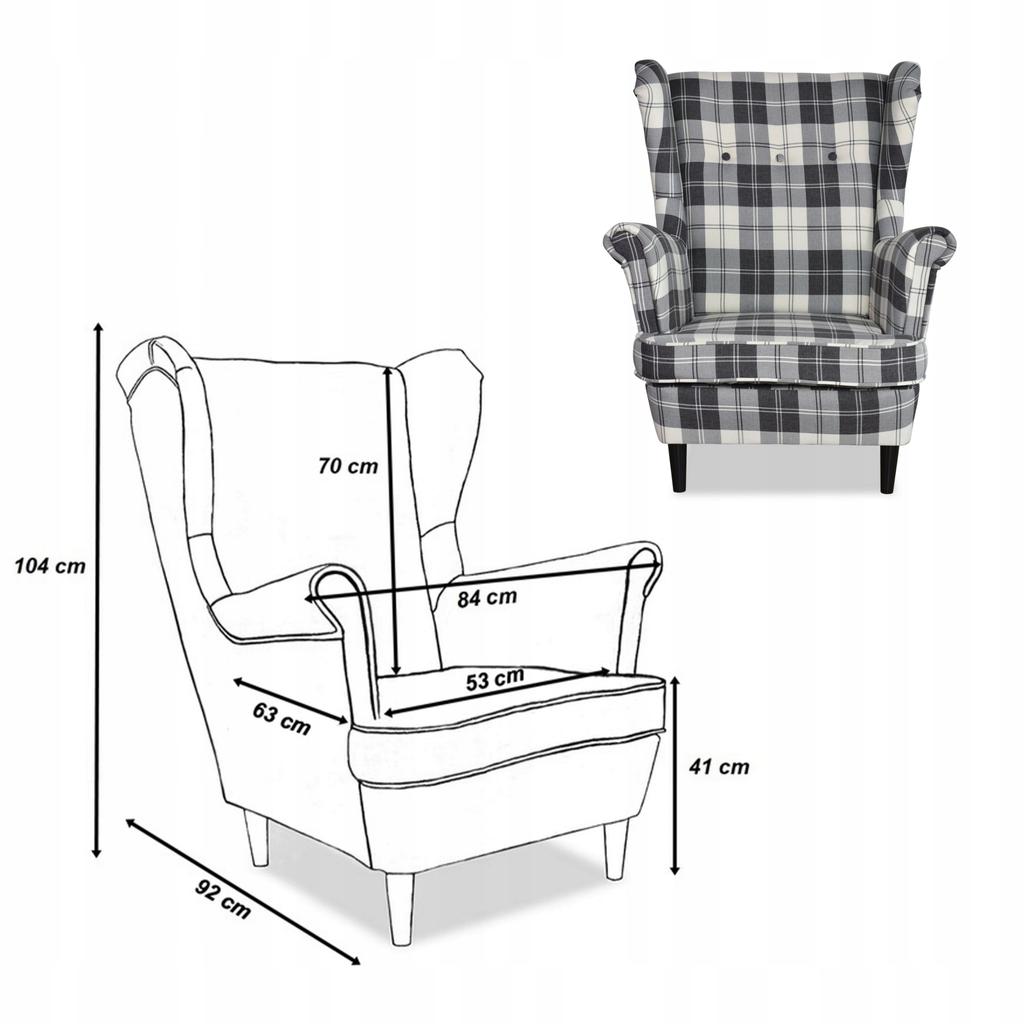 Fotel uszak Winston z podnóżkiem pufą Family Meble krata granatowo - biała