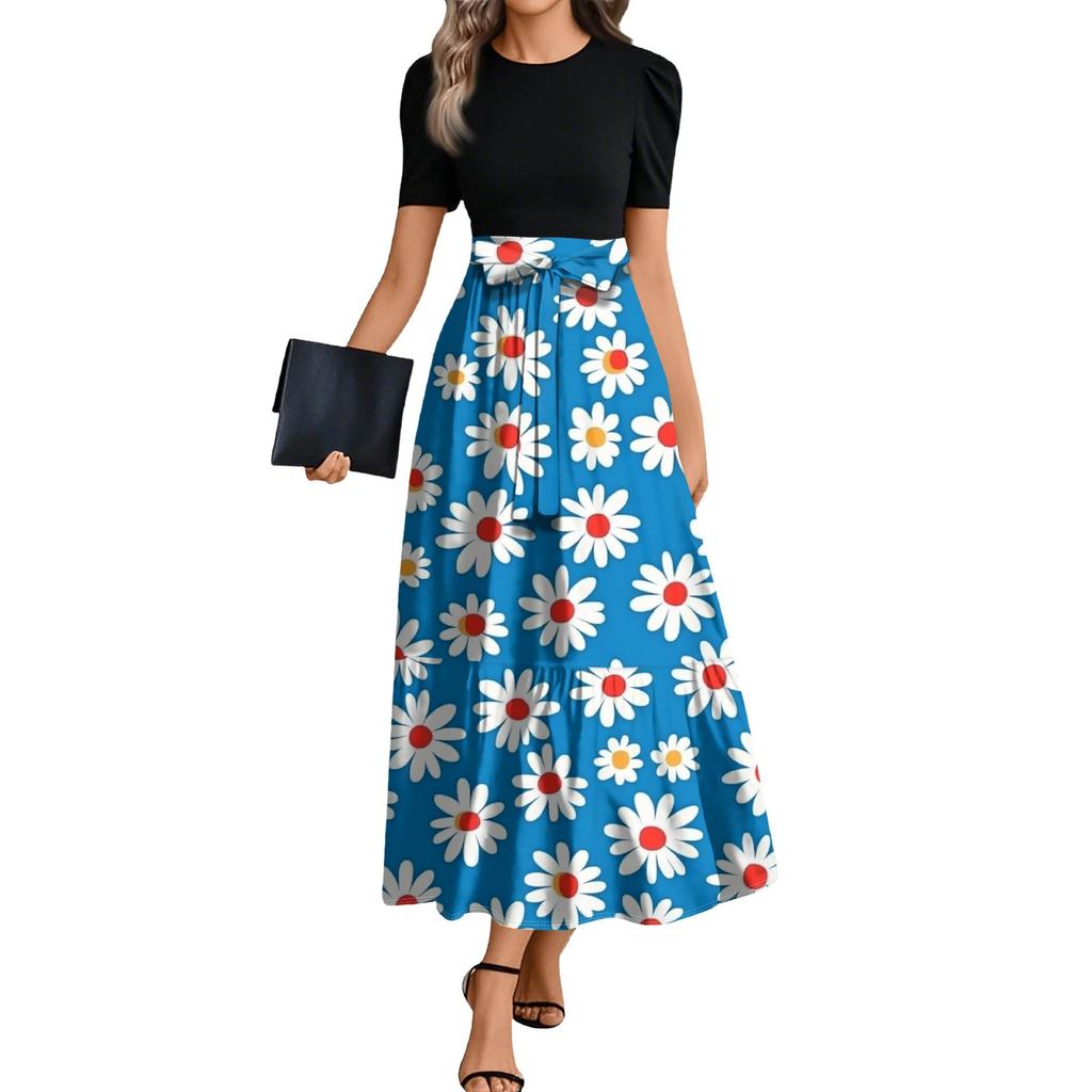 Ladies Fashion Casual Belt Short Sleeve Round Neck Floral Print Splicing Elegant Temperament Dress