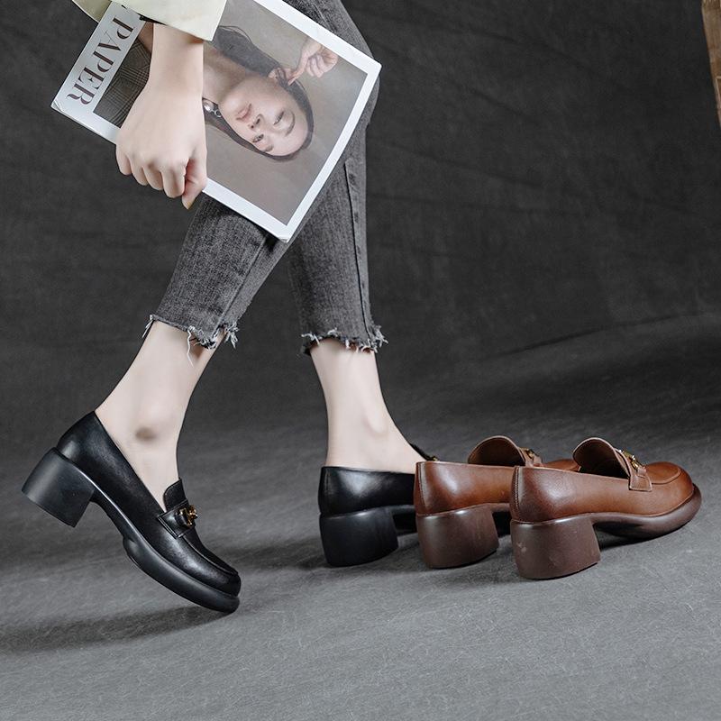 2025 spring and autumn new single shoes cowhide handmade foot cover round head lazy thick heel middle heel British style retro small single shoes