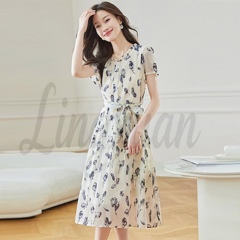 2026 Summer Silk Goddess Style Printed Short-Sleeve Loose Dress for Women