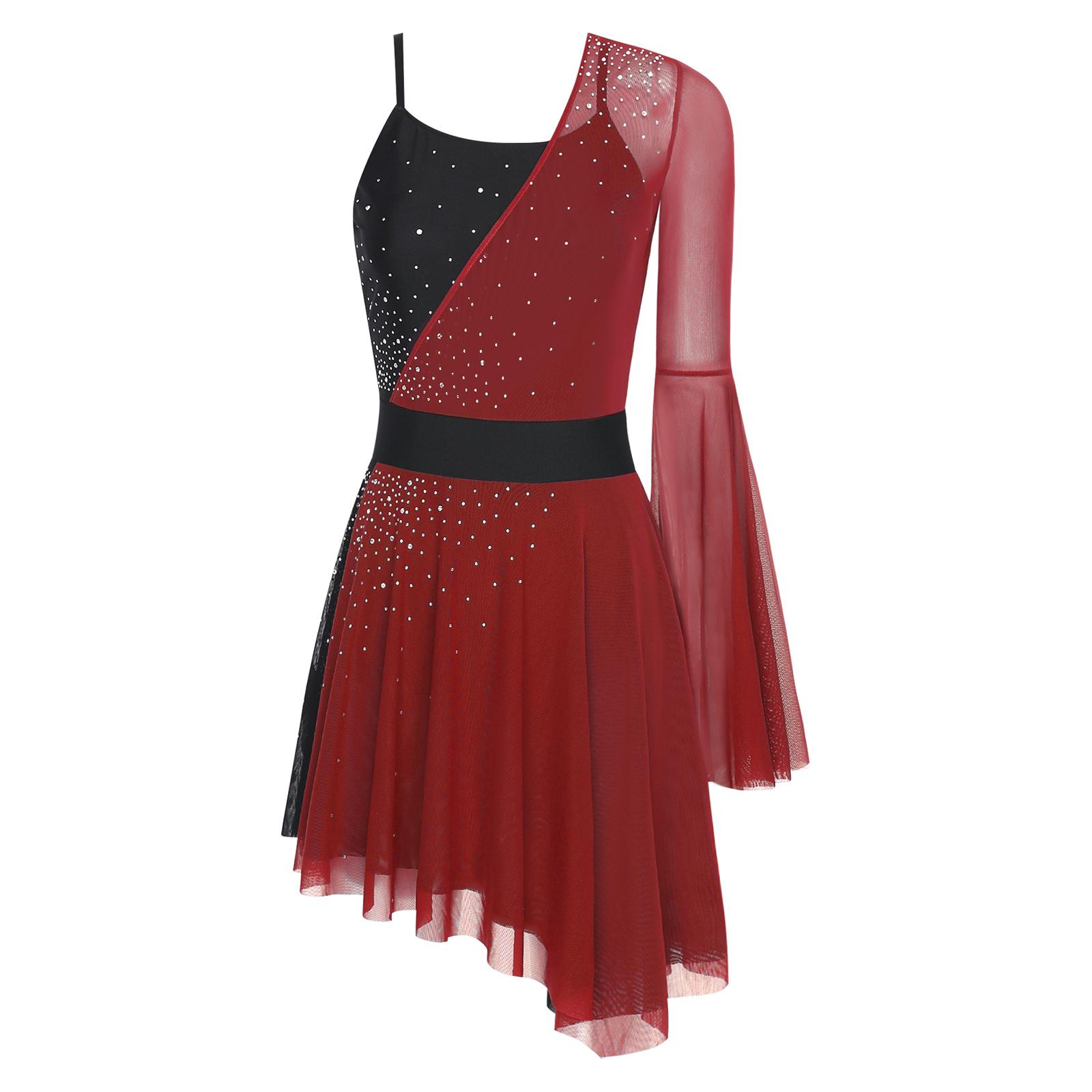 

Womens Shiny Figure Skating Dress Color Block Mesh Design One Flare Sleeve Built-in Briefs Irregular Leotard Dress S червоний