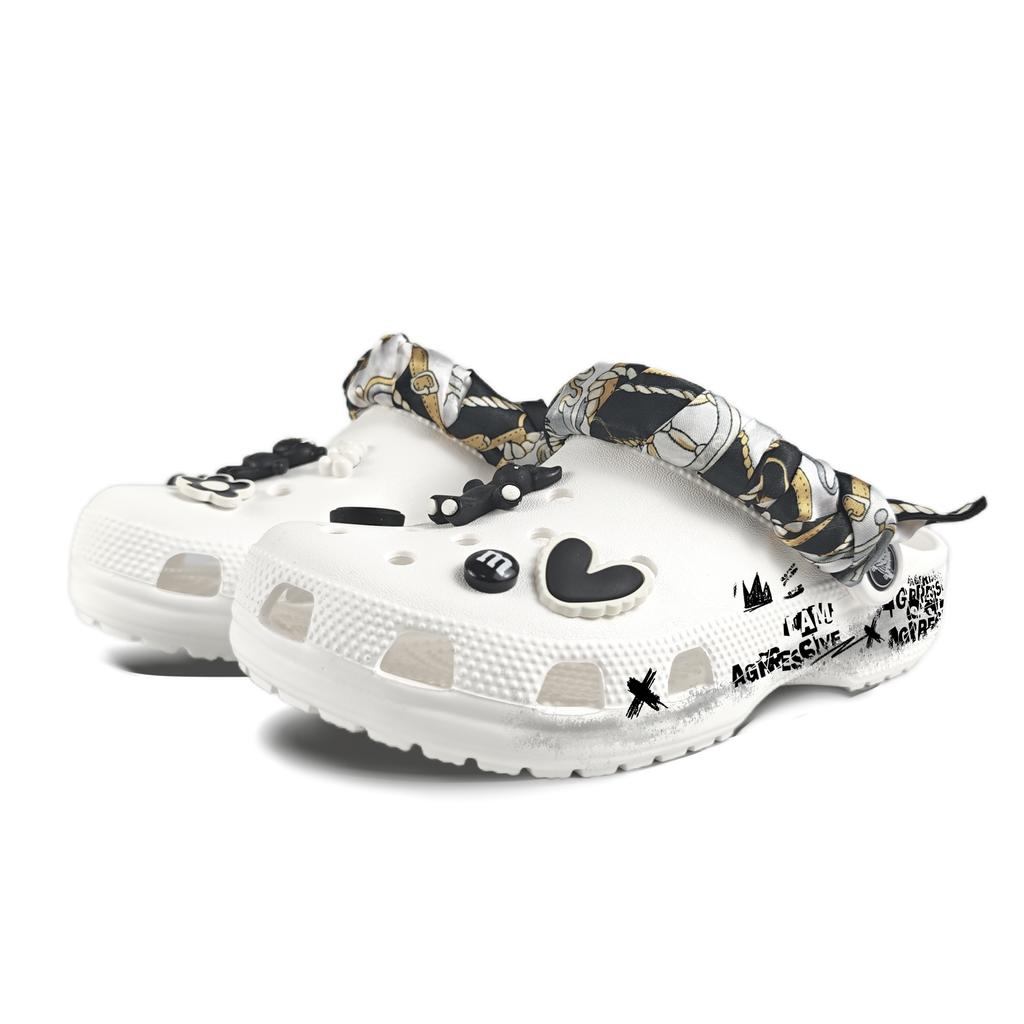 Crocs Crush Clog EVA Graffiti Crown Decorative Buckle Hand Painted Casual Versatile Hole Shoes Unisex White