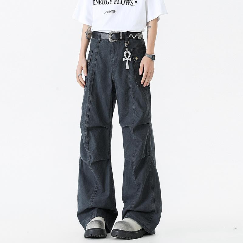 

Американский хай-стрит плиссированный деконструктивный микро-клеш джинсы мужские свободные прямые универсальные комбинезоны 2XL серый