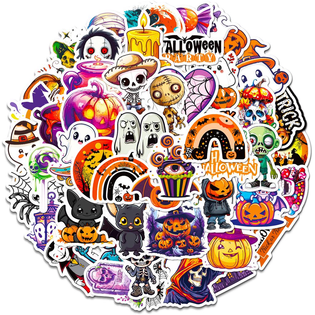 50Pcs Halloween Vinyl Stickers - Spooky Ghost Pumpkin Decals for DIY Party Decor (5.4x4.4cm)