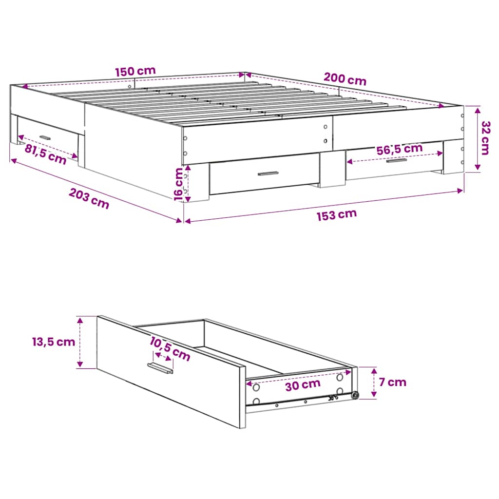 Bed Frame with Drawers Sonoma Oak 150x200cm Engineered Wood
