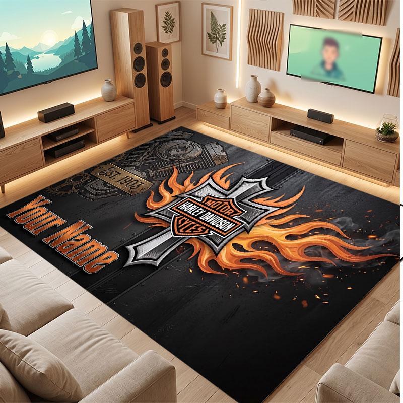 Tappeto in Velluto di Cristallo Personalizzato Harley-Davidson, Tappeto Morbido Antiscivolo con Testo Nome Personalizzato per Soggiorno Camera da Letto