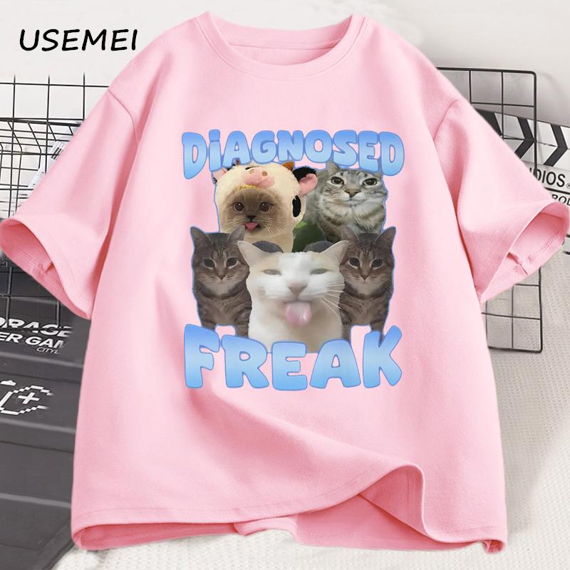 Diagnosed Freak Funny Cat Meme T-shirt Men Women Silly Cat Memes T Shirt Unisex Casual Round Neck Cotton Cat Tee Streetwear Tees