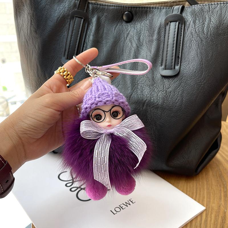 Cute Big Eyed Doll Pompom Keychain Real Fox Fur Bag Charm for Women Bag Key Ring Fine Jewelry Accessories Kids Girl Gift