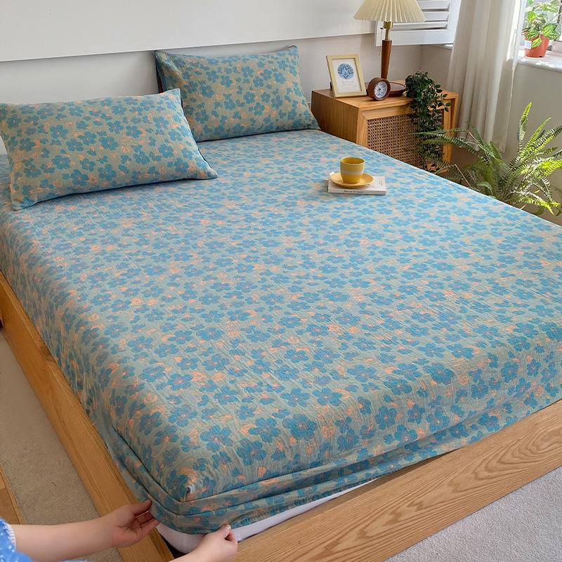 Class A 100% Cotton Double Layer Gauze Fitted Sheet, Fully Enclosed All Seasons Mattress Protective Cover Fitted sheet 90x200+15cm (For 5-13cm mattress)