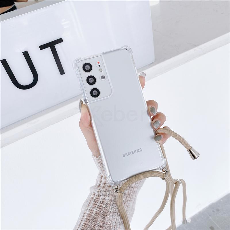 Crossbody Necklace Lanyard Cord Rope Transparent Case For Samsung S24 S23 S22 S21 Ultra S20 FE S10 Plus Shockproof Soft Cover