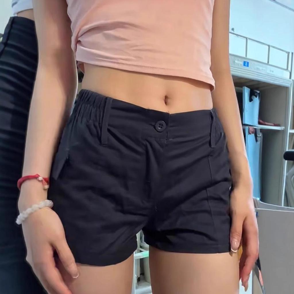 Women's Navy Blue Elastic Waist Cargo Shorts - Summer Fitness Hot Pants