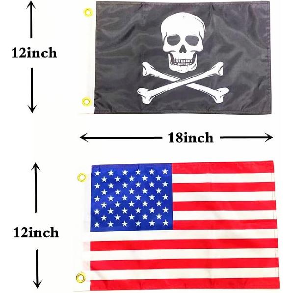 Double-sided Pirate Flag Jolly Roger Skull and American Flag 30.48 x 45.72 Centimeter Boat,Heavy Duty 3 Layer 220D Polyester Double Needle Stitching