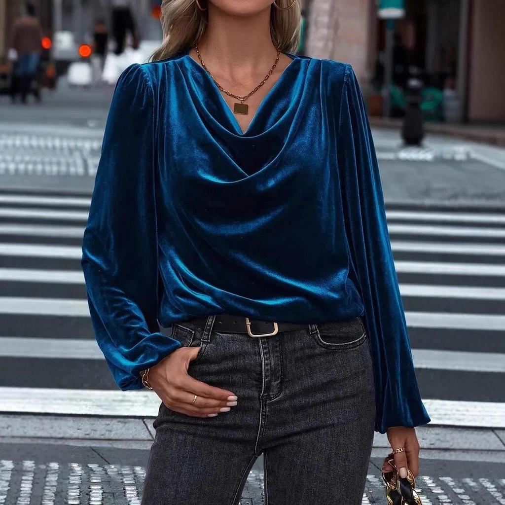 2026 Velvet High Neck Women's Long Sleeve Top - European, American, Korean Style for Spring/Autumn