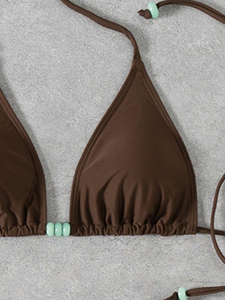 Solid Color Beaded Halter Side Tie Sexy Split Bikini Swimsuit Swimsuit For Women