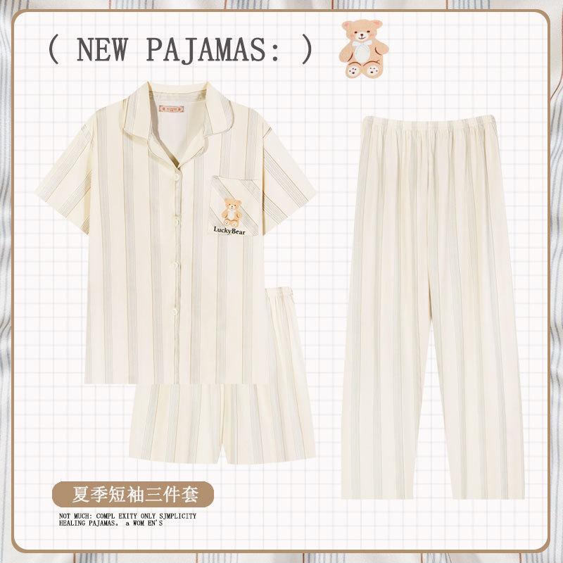 Bear pajamas women's summer short-sleeved shorts and trousers three-piece set women's loungewear can be worn outside