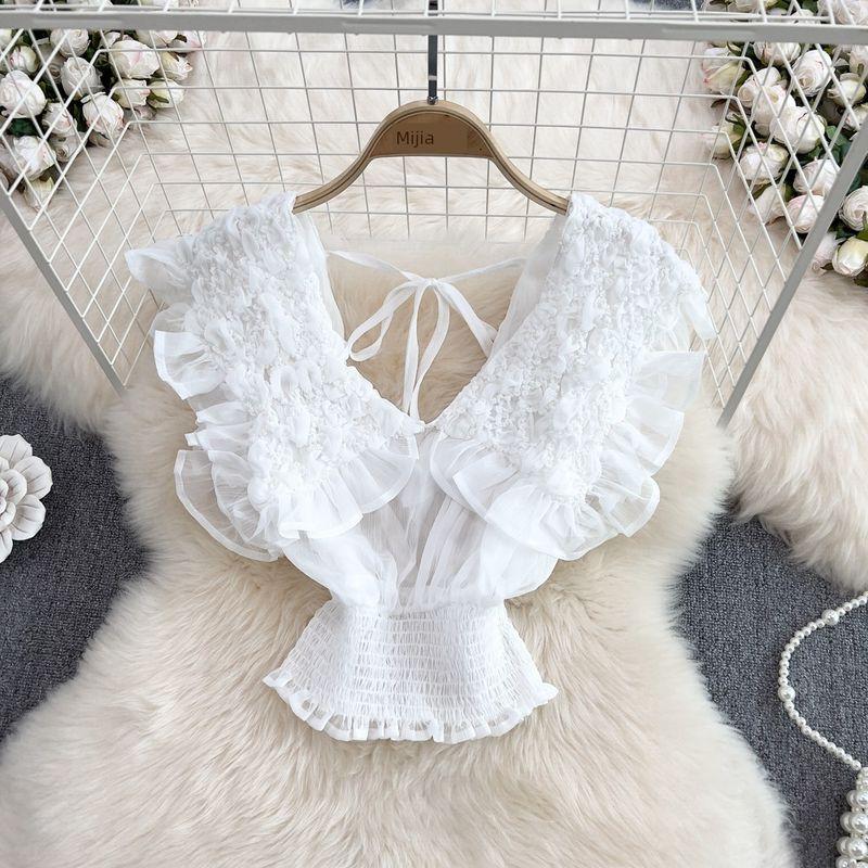 

V-neck Ruffled Sleeve Ruched Western Style Top Chiffon Shirt White One size