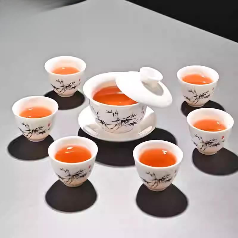Goat Jade Tea Set Kung Fu Set Chinese Light Luxury Tea Calendars Teacups Office White Porcelain Teapot Covered Bowl Set