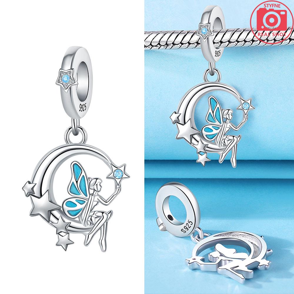 Charms 925 Silver Blue Zircon Moon Moon Luminous Star Beads Pendant Fit Bracelet Woman DIY Jewelry Fine Gifts Making