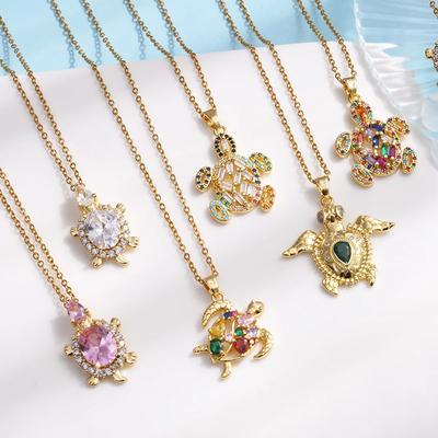 Stainless Steel Chain Shiny Colourful Zircon Sea Turtle Pendant Necklace for Women Lady Boho Cute Jewelry Accessories Gifts