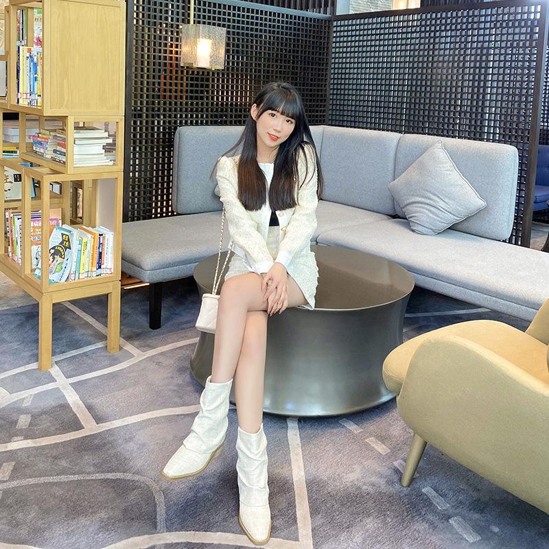 Versatile niche early summer flanged short tube linen cotton pleated short boots square head middle heel thin leg stacking boots