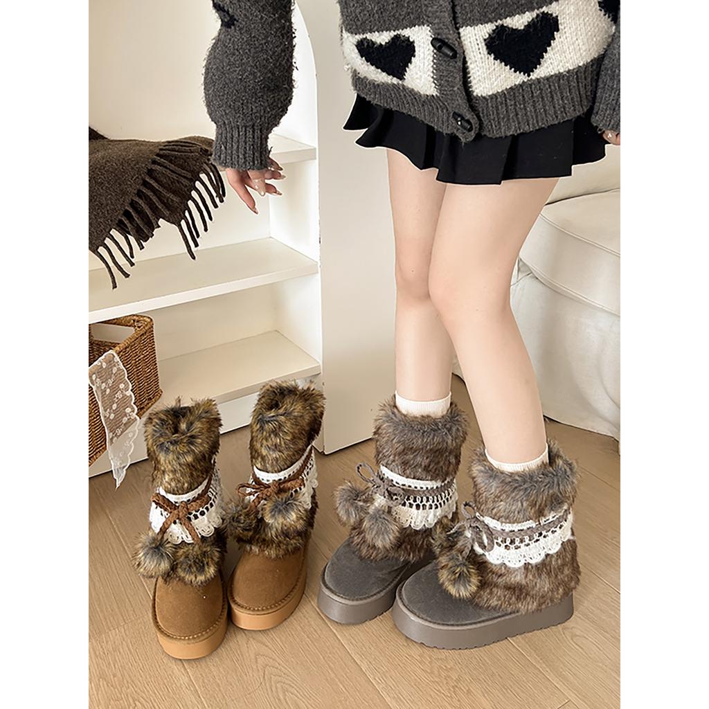 Brown retro non-slip thick-soled fluffy snow boots women's winter heightening warm piled thickened cotton shoes