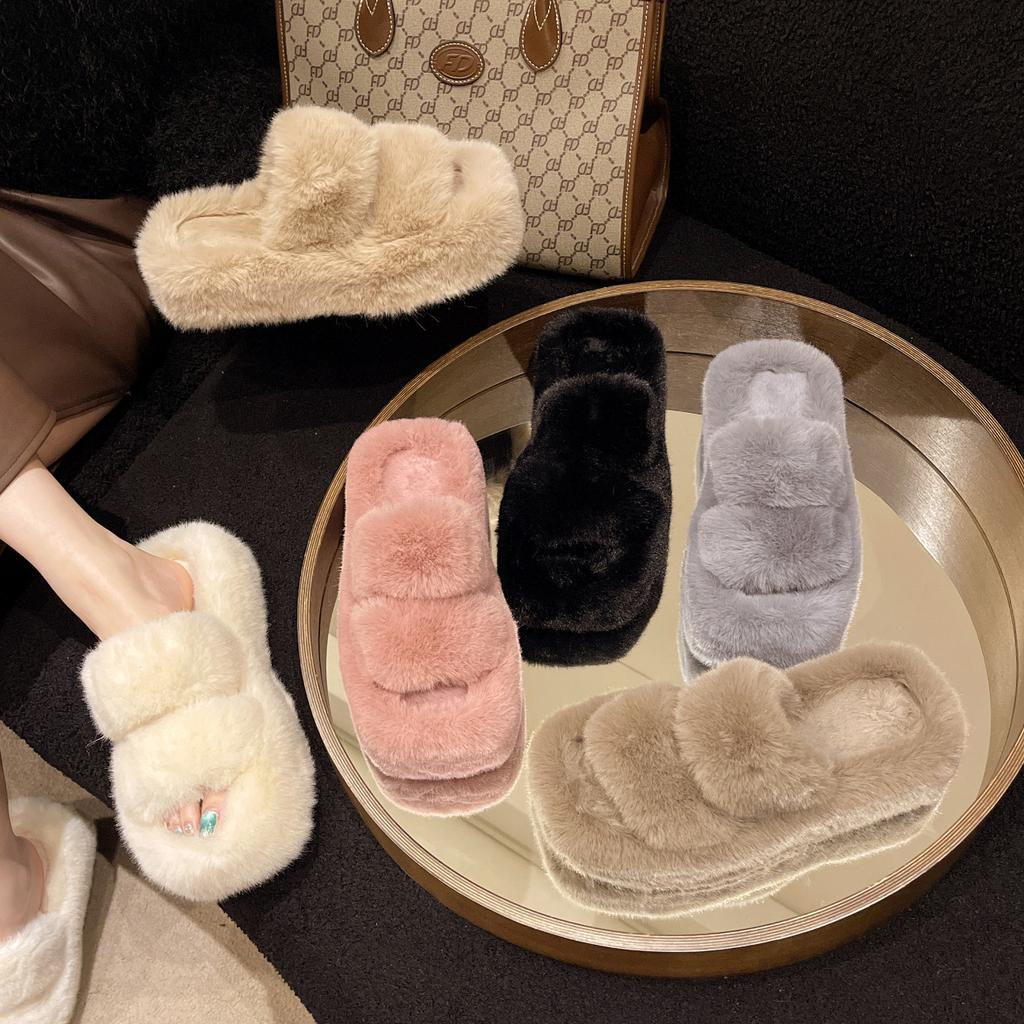 High-end large-size one-word fluffy slippers for women's 2025 autumn and winter new outer wear thick-soled small cotton slippers