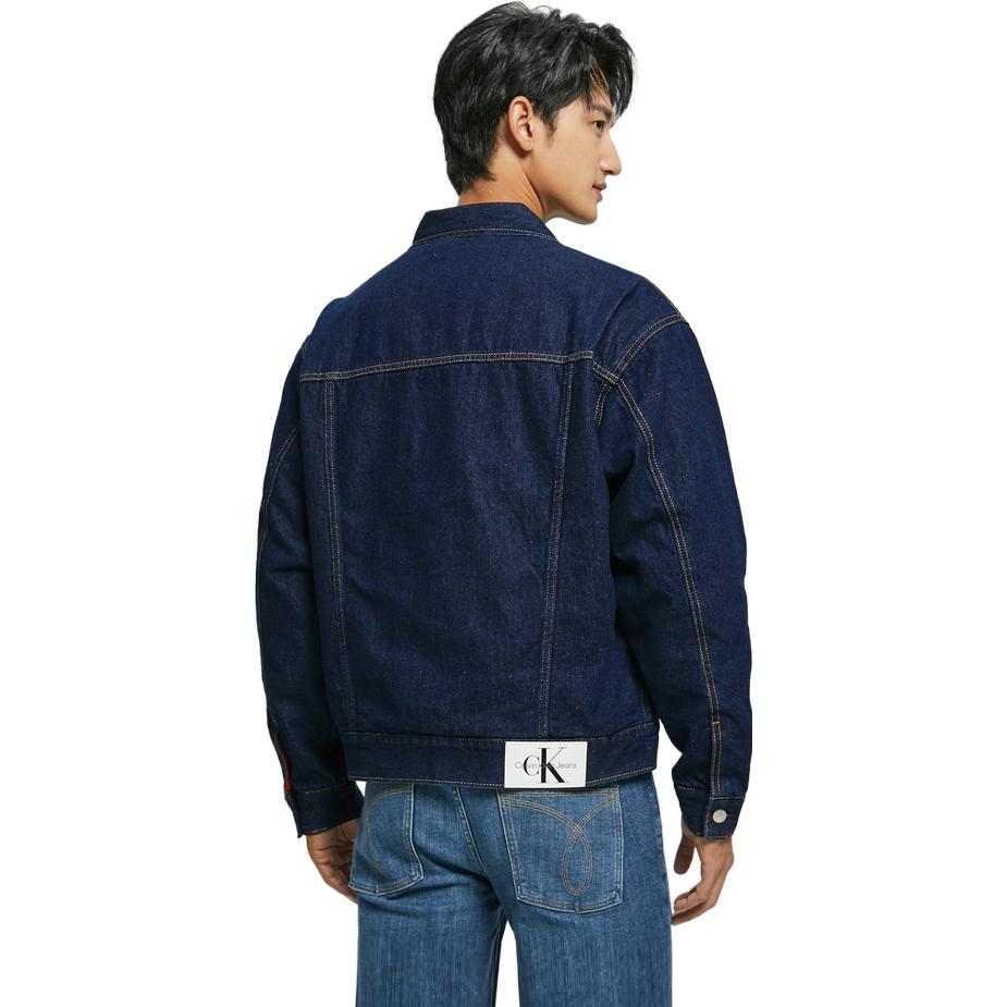 Calvin Klein Ensfarget enkeltspent denimjakke for menn med firkantet krage, yttertøy, dypblå J321269-1AP