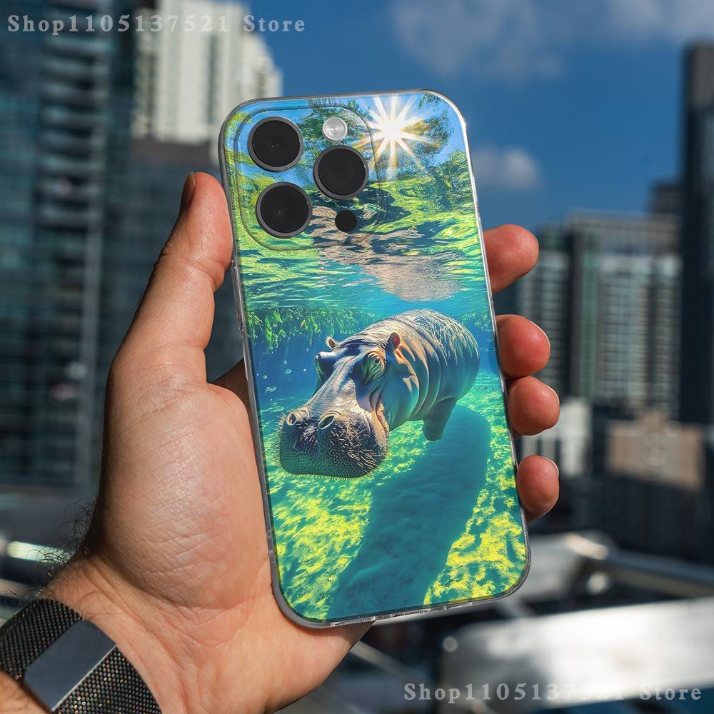 Cute Hippo Hippopotamus Phone Case For iPhone 16,15,17,12,13,14,11 Max,Pro,Plus,X,XS,XR,SE4,E Mini Transparent Cover