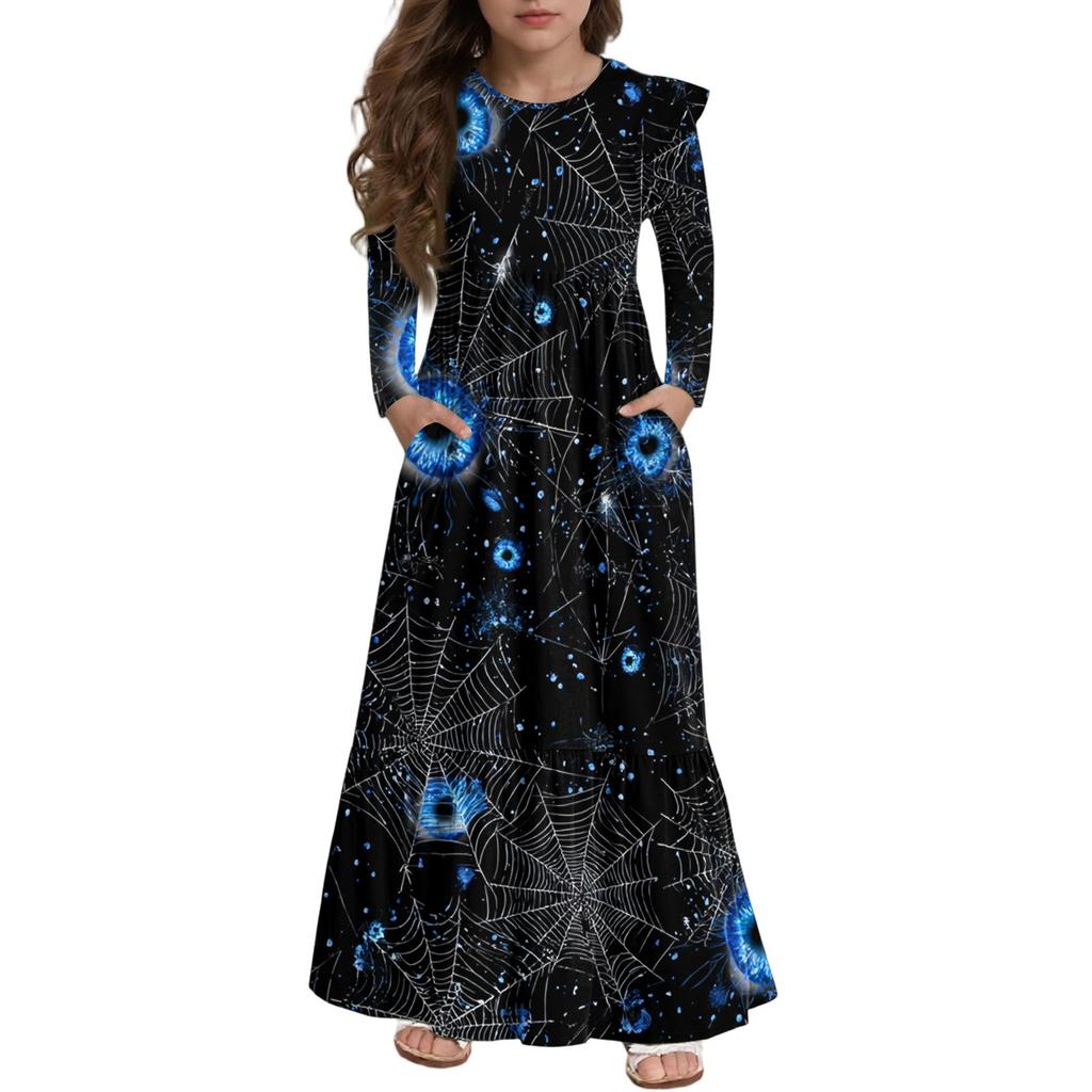 Girls' Tiered Ruffle Dress Halloween Day - Long Sleeve Printed Maxi With Pockets