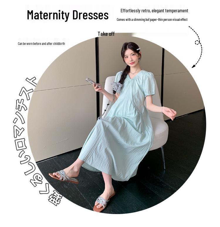 2026 Summer V-Neck Maternity Dress with Puff Sleeves - Slimming Design