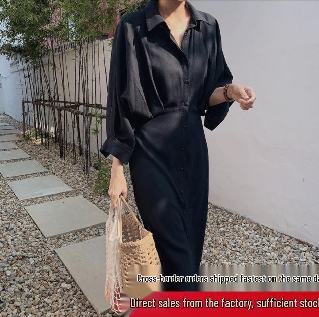 2026 Spring/Summer French Retro Over-the-Knee Lace-up Dress with Batwing Three-Quarter Sleeves