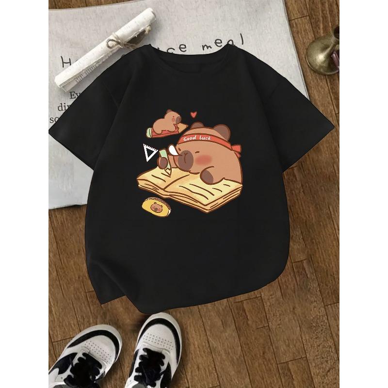 Kids Crewneck Short Sleeve Tee, Capybara Pufferfish Print Sports Casual Top