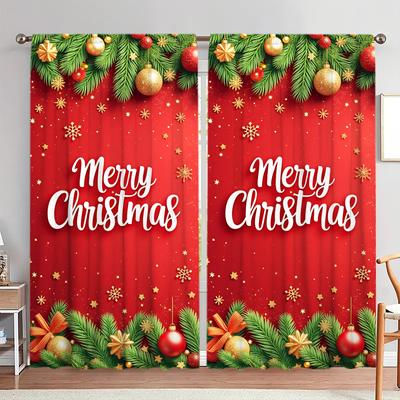 2pcs Festive Atmosphere with Merry Chr Printed Curtain for Christmas Home Decor - Rod Pocket Window Treatment for Bedroom,Office