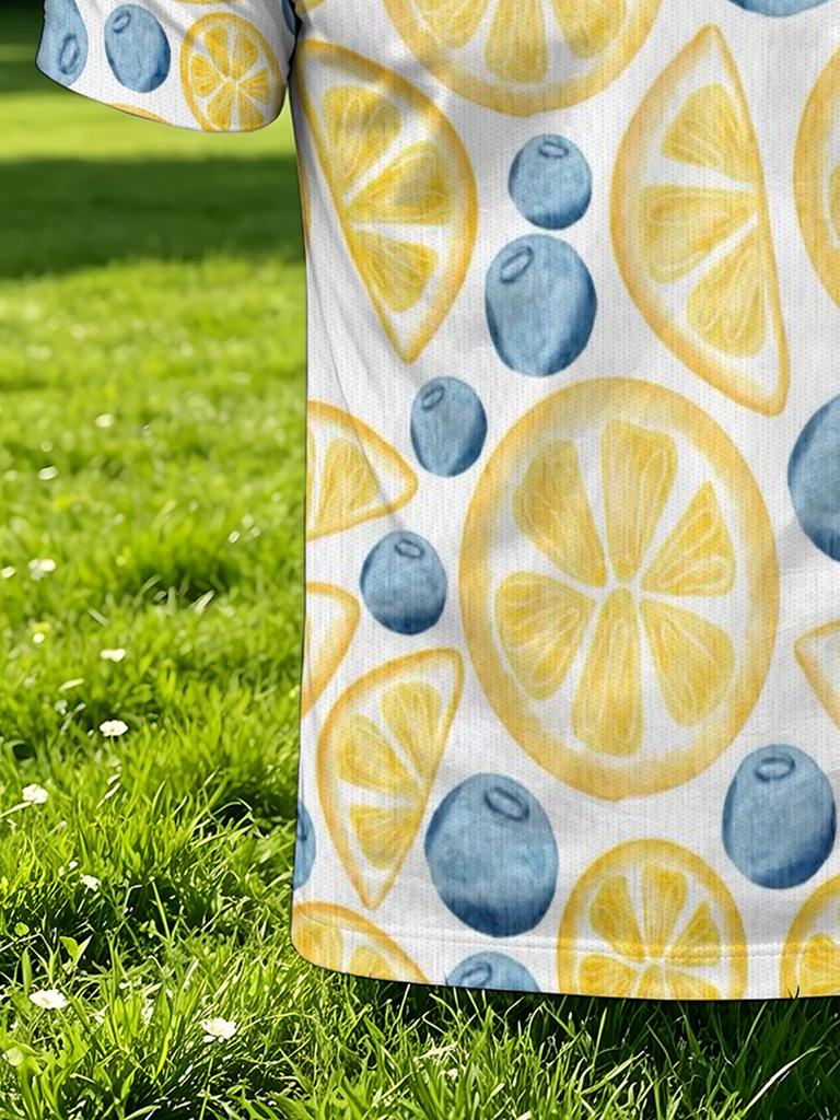 Men's Outdoor Polo Shirt, Available in Multiple Sizes, Featuring an All-over Lemon and Blueberry Fruit Print. Stylish, Casual, and Comfortable, This