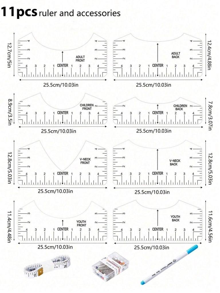 4/11Pcs Transparent T-Shirt Ruler Guide Alignment Tool T-Shirt Rulers to Center Design for Adult Youth Toddler Infant Sewing Too