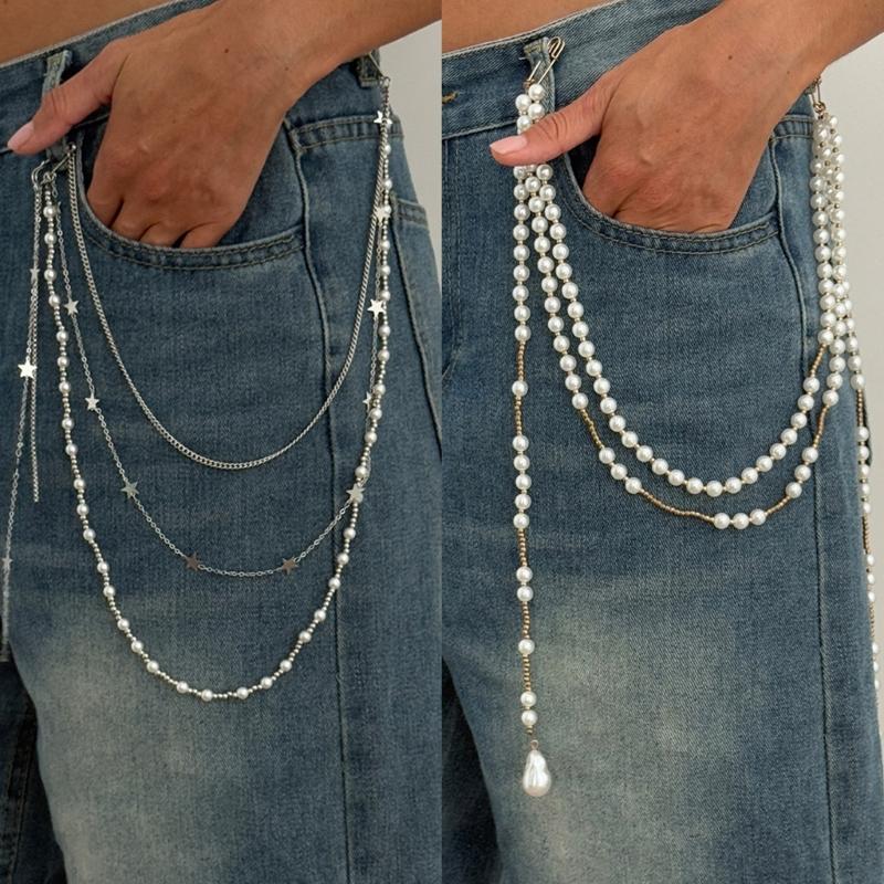 Clip On Waist Chain Accessory with Layered Pearls Look Draped Chains, Decorative Outfit Accent for Party and Festival Wear