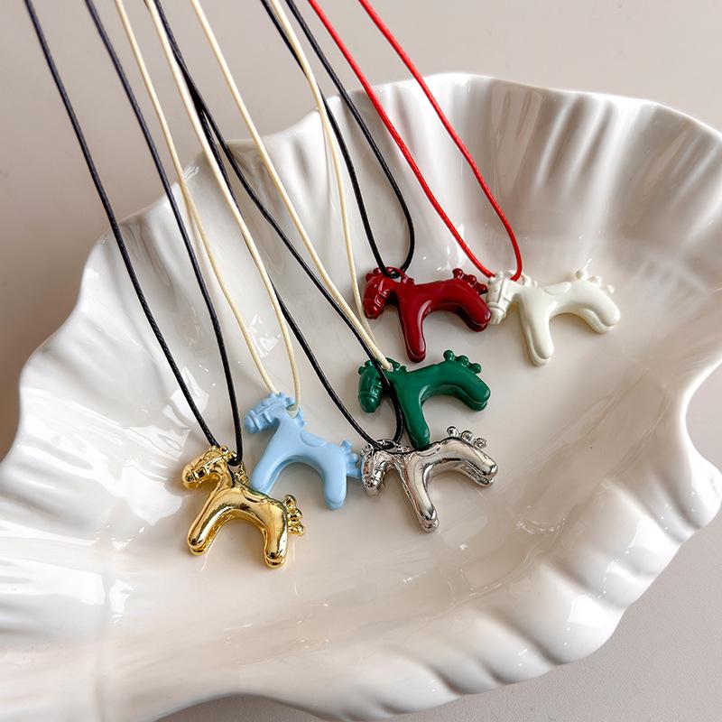 Colorful Enamel Drip Glaze 3D Horse Pendant Necklace - Cute Summer Childlike Choker with Casual Knotting Hoodie Chain