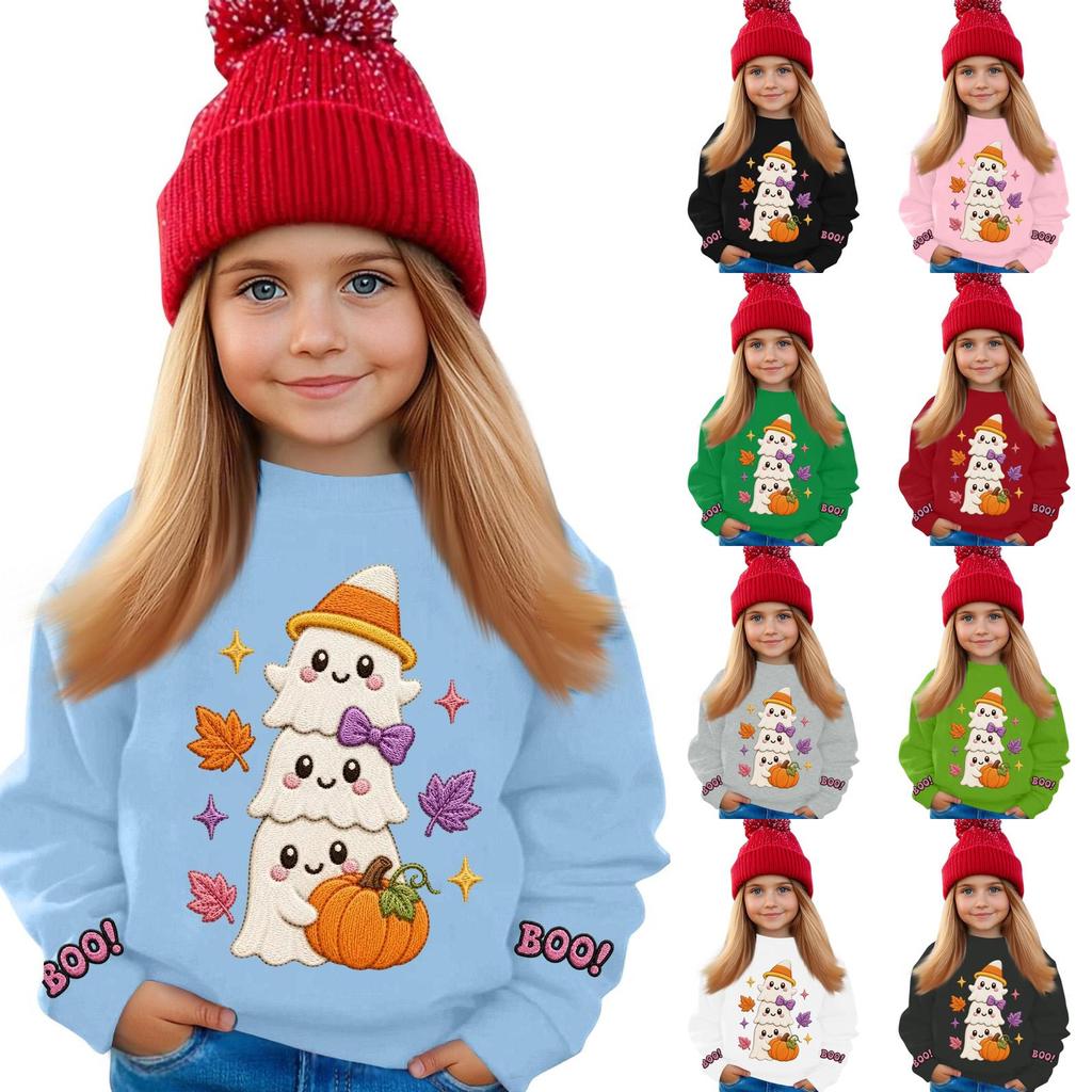 Kids' casual long-sleeved sweatshirt with Halloween print, suitable for holiday parties and everyday wear.