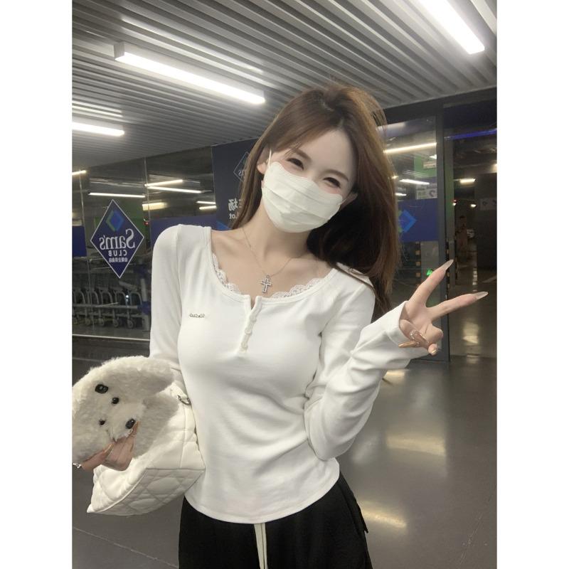 Lace Splicing Fake Two-piece Shirt Women's Top Spring Slim-fitting Pure Half-open Neck Long-sleeved Inner Bottoming Shirt